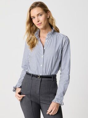 NWT J.Crew Factory Ruffle Neck Stripe Button Up Blouse Blue White XS